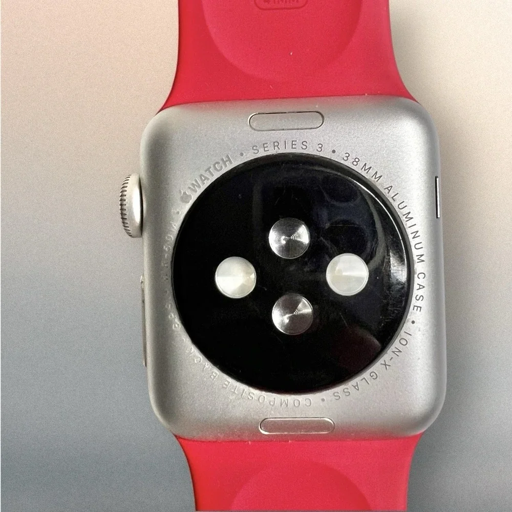 Apple Watch Series 3 38mm GPS Aluminum Silver w/Red Sport Band +Charger Adapter